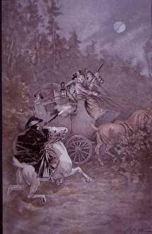 Highwayman holds up stagecoach in the early 19th century (colour litho) Highwayman holds up stagecoach in the early 19th century (colour litho)