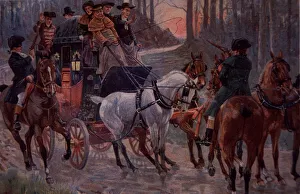 Highwayman holds up stagecoach in the early 19th century (colour litho) Highwayman holds up stagecoach in the early 19th century (colour litho)