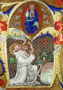 Historiated initial A depicting St. Benedict offering his soul to God Historiated initial A depicting St. Benedict offering his soul to God