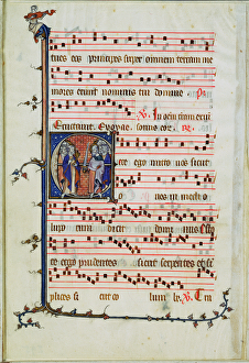 Historiated letter depicting an assembly of apostles, early 14th (vellum) Historiated letter depicting an assembly of apostles, early 14th (vellum)