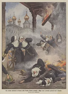 A historic burning convent in Podolia (European Russia), five Catholic nuns perished in the flames (colour litho) A historic burning convent in Podolia (European Russia), five Catholic nuns perished in the flames (colour litho)