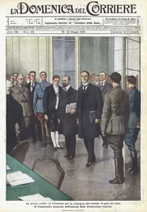 The historic Versailles session for the handing over of the peace treaty to the vanquished (colour litho) The historic Versailles session for the handing over of the peace treaty to the vanquished (colour litho)
