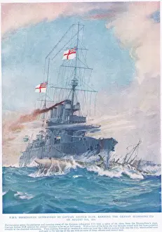 HMS Birmingham commanded by Captain Arthur Duff, ramming the German submarine U15 HMS Birmingham commanded by Captain Arthur Duff, ramming the German submarine U15