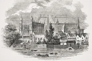 The Houses of Parliament from the river in the time of John Hampden, from Old The Houses of Parliament from the river in the time of John Hampden, from Old