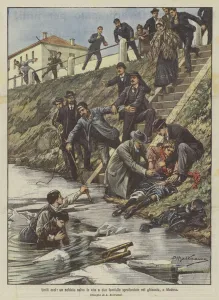 Humble heroes, a soldier saves the lives of two girls sunk in the ice, in Modena (colour litho) Humble heroes, a soldier saves the lives of two girls sunk in the ice, in Modena (colour litho)