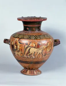 Hydra depicting the departure of a warrior, Corinthian Style (ceramic) Hydra depicting the departure of a warrior, Corinthian Style (ceramic)