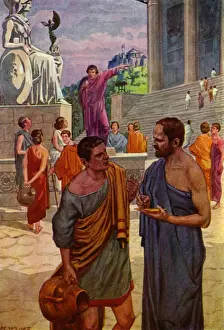 An illiterate voter asking Aristides to write his name on a shard of pottery used as a ballot (colour litho) An illiterate voter asking Aristides to write his name on a shard of pottery used as a ballot (colour litho)