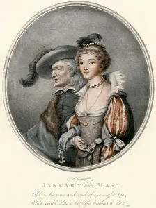 An illustration depicting the old husband and his young bride from Chaucer's An illustration depicting the old husband and his young bride from Chaucer's
