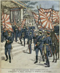 His Imperial Majesty Mutsuhito, Emperor of Japan, giving the flags to his troops His Imperial Majesty Mutsuhito, Emperor of Japan, giving the flags to his troops