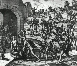 Indians bringing Balboa vases and gold objects (engraving) (b/w photo) Indians bringing Balboa vases and gold objects (engraving) (b/w photo)