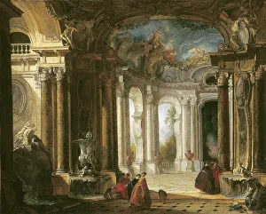The interior of a Baroque palace with elegant company conversing by fountains The interior of a Baroque palace with elegant company conversing by fountains
