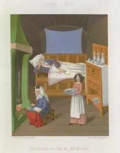Interior scene with a man in bed as a two women prepare food (chromolitho) Interior scene with a man in bed as a two women prepare food (chromolitho)
