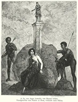 Io, guarded by Argus Panoptes by order of the goddess Hera, being watched by Hermes, sent by Zeus to abduct her Io, guarded by Argus Panoptes by order of the goddess Hera, being watched by Hermes, sent by Zeus to abduct her