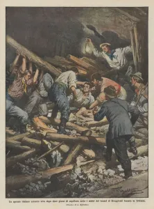An Italian worker extracted alive after ten days of burial under the tunnel boulders... (colour litho) An Italian worker extracted alive after ten days of burial under the tunnel boulders... (colour litho)