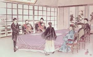 The Japanese ministers I-Tso and Mou-Tsou discuss with the Chinese envoy Ri-Ko-Sho The Japanese ministers I-Tso and Mou-Tsou discuss with the Chinese envoy Ri-Ko-Sho