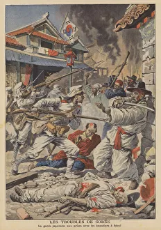 Japanese troops putting down riots in Seoul, Korea (colour litho) Japanese troops putting down riots in Seoul, Korea (colour litho)