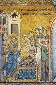 Jesus brings back to life the widow's son, Byzantine mosaic, Episodes from the life of Christ Jesus brings back to life the widow's son, Byzantine mosaic, Episodes from the life of Christ