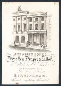 John Allin Jones, woollen draper and tailor, hatter and hosier, trade card (engraving) John Allin Jones, woollen draper and tailor, hatter and hosier, trade card (engraving)