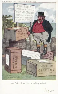 John Bull's attitude to England becoming a dumping ground for foreign surplus (colour litho) John Bull's attitude to England becoming a dumping ground for foreign surplus (colour litho)