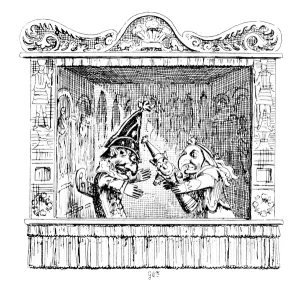 Judy urges Mr Punch to take the child, 1828 (engraving) Judy urges Mr Punch to take the child, 1828 (engraving)