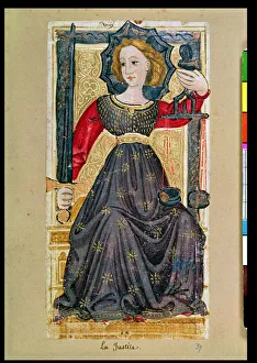 Justice, tarot card from the Charles VI or Gringonneur deck (hand painted card) Justice, tarot card from the Charles VI or Gringonneur deck (hand painted card)