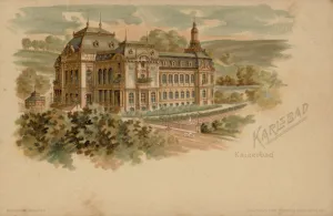 Kaiserbad spa in Karlsbad (Karlovy Vary), Austro-Hungarian Empire, 19th Century (colour litho) Kaiserbad spa in Karlsbad (Karlovy Vary), Austro-Hungarian Empire, 19th Century (colour litho)
