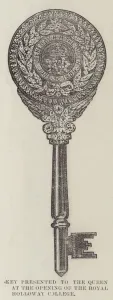 Key presented to the Queen at the Opening of the Royal Holloway College (engraving) Key presented to the Queen at the Opening of the Royal Holloway College (engraving)