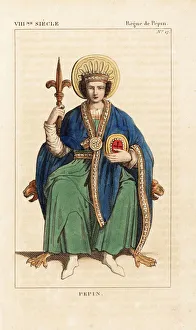 King of the Franks, 714-768. He wears a crown, full cape with a rich border fastened with a gold buckle, green tunic King of the Franks, 714-768. He wears a crown, full cape with a rich border fastened with a gold buckle, green tunic