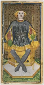 The King of Wands, facsimile of a tarot card from the Visconti deck The King of Wands, facsimile of a tarot card from the Visconti deck