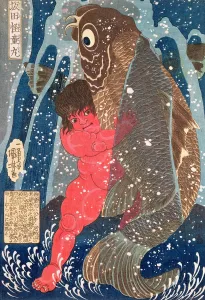 Kintoki Swims up the Waterfall (woodblock print) (see also 100501) Kintoki Swims up the Waterfall (woodblock print) (see also 100501)