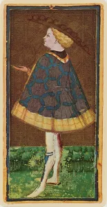 The Knave of Coins, facsimile of a tarot card from the Visconti deck The Knave of Coins, facsimile of a tarot card from the Visconti deck