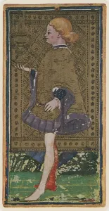 The Knave of Cups, facsimile of a tarot card from the Visconti deck The Knave of Cups, facsimile of a tarot card from the Visconti deck