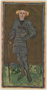 The Knave of Swords, facsimile of a tarot card from the Visconti deck The Knave of Swords, facsimile of a tarot card from the Visconti deck