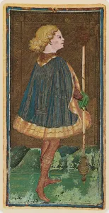 The Knave of Wands, facsimile of a tarot card from the Visconti deck The Knave of Wands, facsimile of a tarot card from the Visconti deck