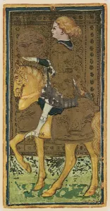 The Knight of Coins, facsimile of a tarot card from the Visconti deck The Knight of Coins, facsimile of a tarot card from the Visconti deck