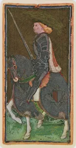 The Knight of Swords, facsimile of a tarot card from the Visconti deck The Knight of Swords, facsimile of a tarot card from the Visconti deck