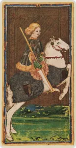 The Knight of Wands, facsimile of a tarot card from the Visconti deck The Knight of Wands, facsimile of a tarot card from the Visconti deck