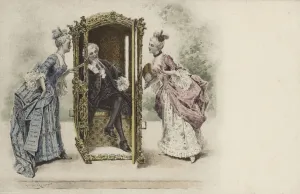 Two ladies and a gentlemen in powdered wigs (colour litho) Two ladies and a gentlemen in powdered wigs (colour litho)