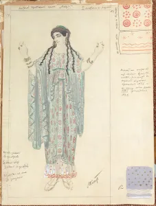Lady-in-waiting, costume design for Hippolytus by Euripides (w/c, ink & Lady-in-waiting, costume design for Hippolytus by Euripides (w/c, ink &