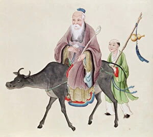 Lao-Tzu (c. 604-531) on his buffalo, followed by a disciple (w / c on paper)