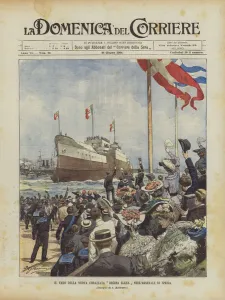 The launch of the new battleship Regina Elena in the Spezia Arsenal (colour litho) The launch of the new battleship Regina Elena in the Spezia Arsenal (colour litho)
