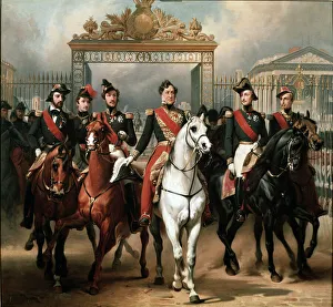 Le roi Louis-Philippe entoure de ses cinq fils sortant par la grille d' Le roi Louis-Philippe entoure de ses cinq fils sortant par la grille d'