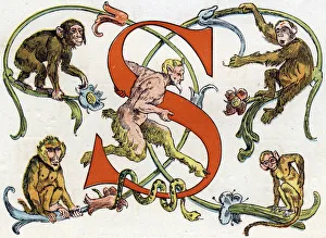 Letter S: Monkeys, Satyr, Serpent, 1875 (engraving) Letter S: Monkeys, Satyr, Serpent, 1875 (engraving)