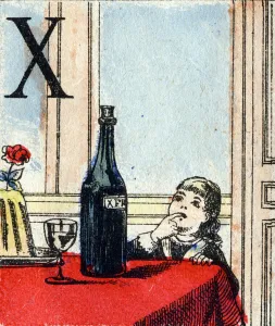 Letter X girl looking at a bottle of Xeres wine on the table. ABC of the little girls Letter X girl looking at a bottle of Xeres wine on the table. ABC of the little girls