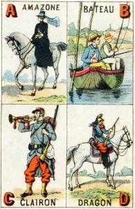 Lettres A B C D Amazone Bateau Clairon Dragon. Gravure in " Lettres A B C D Amazone Bateau Clairon Dragon. Gravure in "