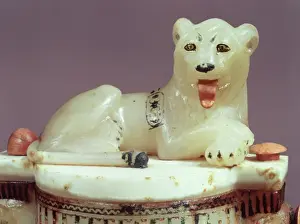 Detail of the lid of an unguent jar with a figure of the king as a lion Detail of the lid of an unguent jar with a figure of the king as a lion