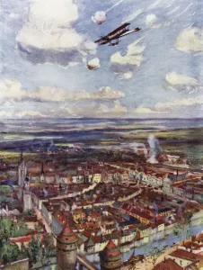 Lieutenant Rhodes-Moorhouse flying over Courtrai to bomb the railway, 26 April 1915 (colour litho) Lieutenant Rhodes-Moorhouse flying over Courtrai to bomb the railway, 26 April 1915 (colour litho)