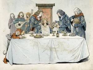 A little girl wearing a crown sits on a throne at a banquet table A little girl wearing a crown sits on a throne at a banquet table