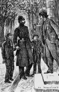 A London policeman presenting two street Arabs to the gentleman in front of whose A London policeman presenting two street Arabs to the gentleman in front of whose