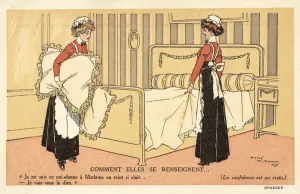 Two maids changing bed clothes (colour litho) Two maids changing bed clothes (colour litho)